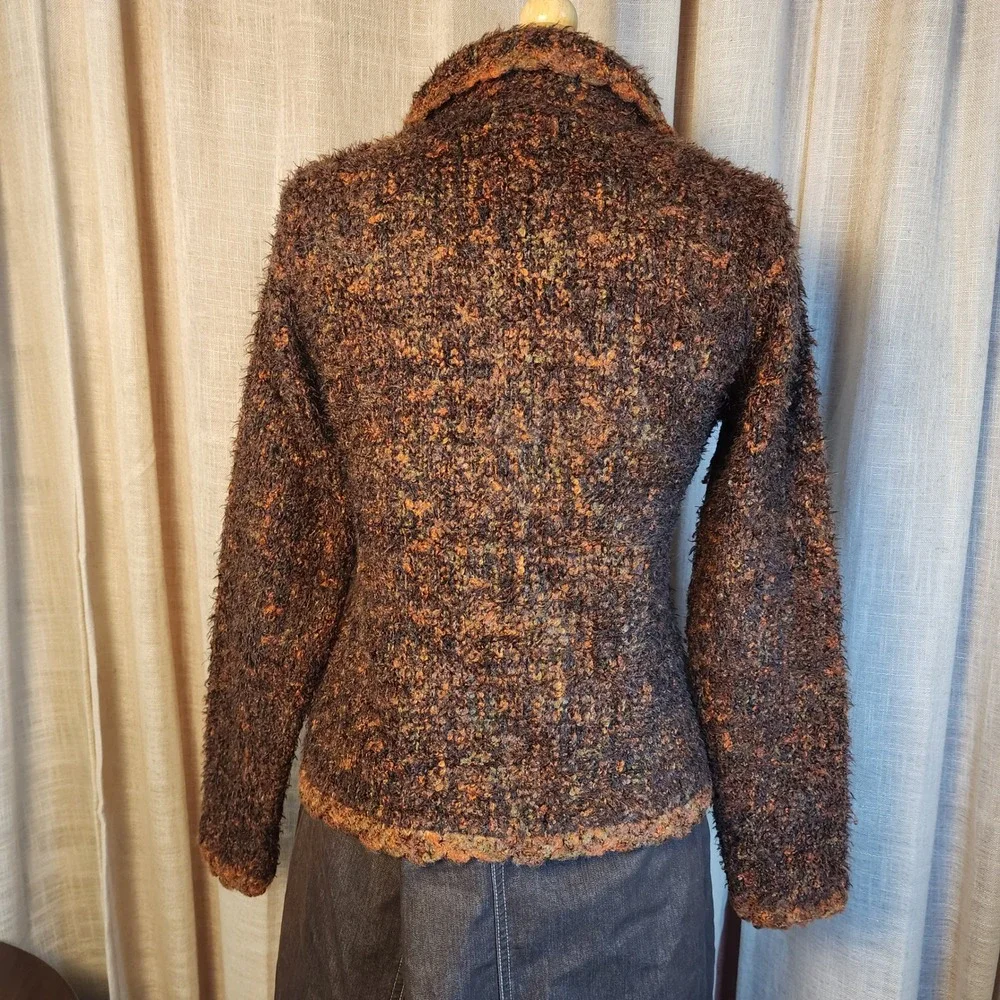 Carole Little Womens M Brown Boucle Wool Blend Cardigan Ruffle Collar Y2K